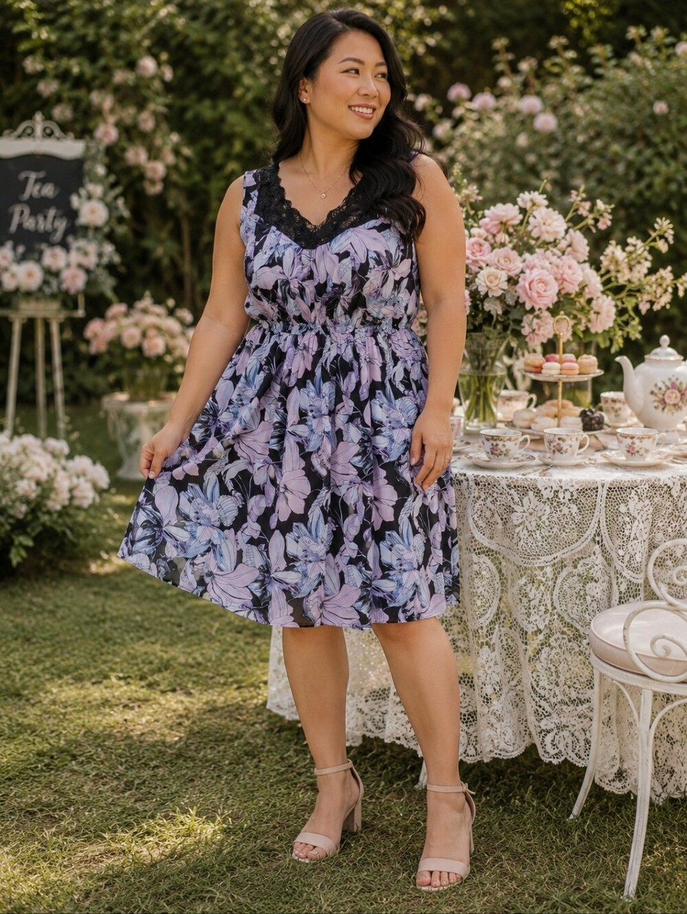 Love & Legend Plus Size 14: Muted Floral Lace Neckline A-Line Dress Party Dress